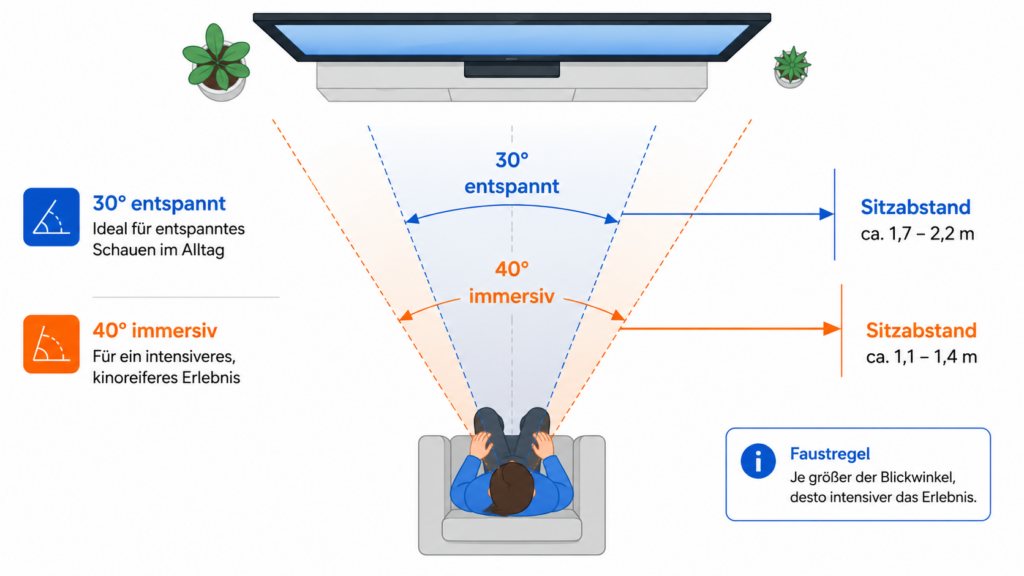 Diagramm vergleicht 30-Grad- und 40-Grad-Blickwinkel mit zugehörigem Sitzabstand zum Fernseher