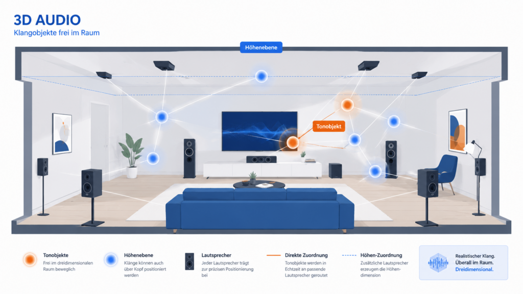 DTS:X visualisiert: frei im Raum platzierte Tonobjekte mit Höhenebene über einem Wohnzimmer
