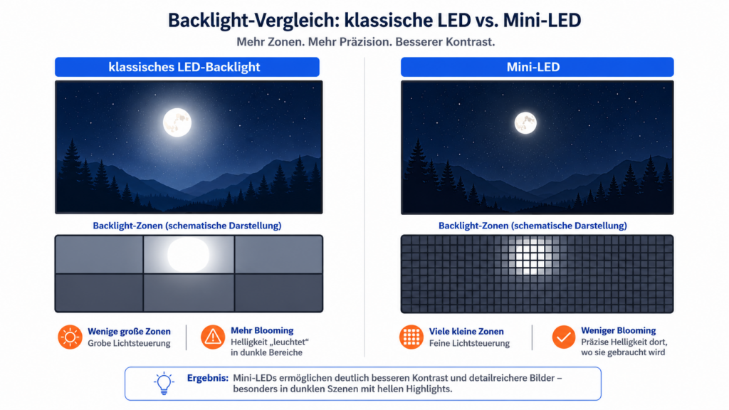 Local Dimming im Vergleich: wenige Dimmzonen beim klassischen LED-Backlight gegenüber vielen Zonen bei Mini-LED
