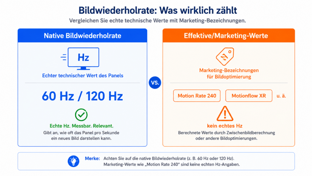 Native Bildwiederholrate 60 oder 120 Hz im Gegensatz zu effektiven Marketing-Werten wie Motion Rate