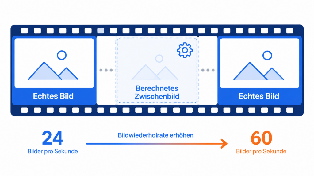 Filmstreifen mit echten Bildern und einem berechneten Zwischenbild, das die Bildrate von 24 auf 60 erhöht