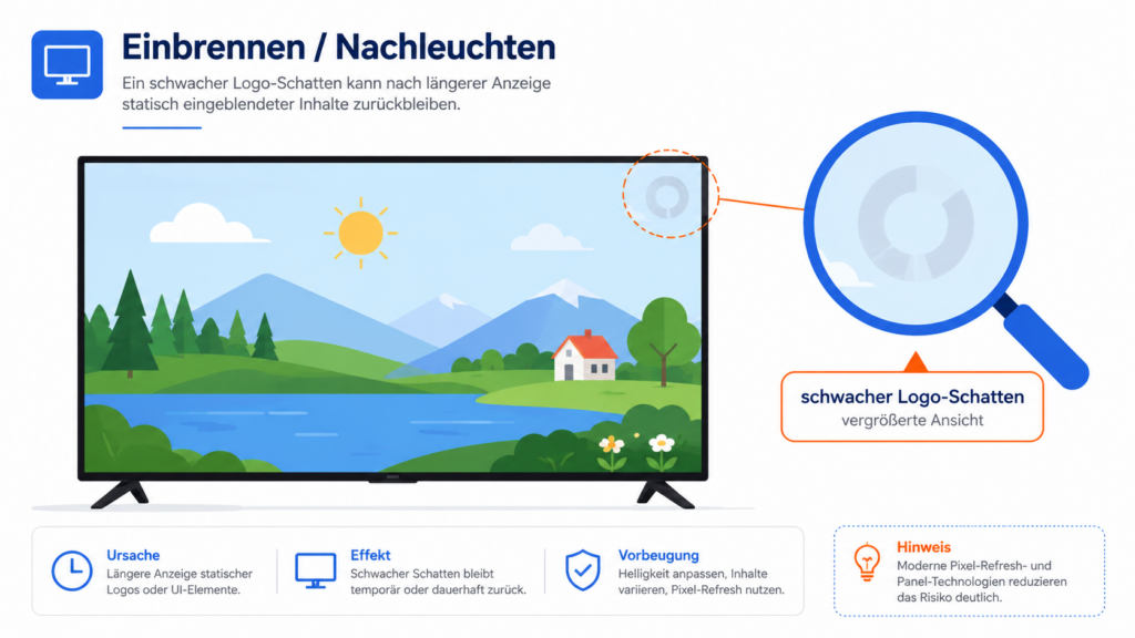 OLED Burn-in: schwach eingebranntes Senderlogo als Geisterbild in der Bildschirmecke