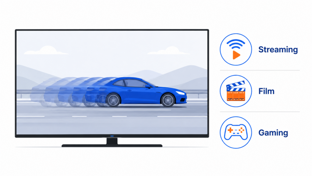 Fernseher ruckelt - mit ruckelndem Bild und Symbolen für Streaming, Film und Gaming als Ursachen