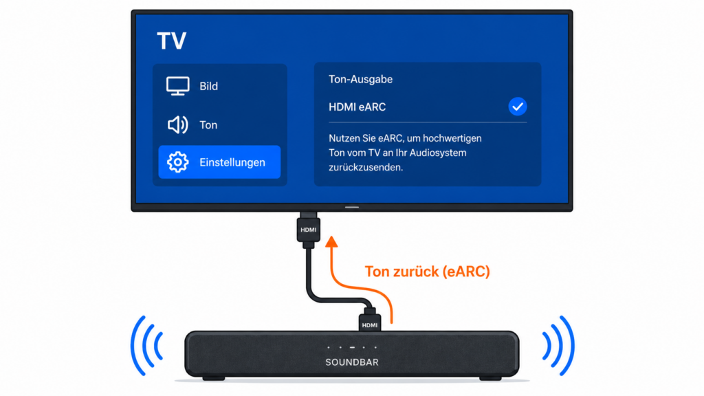 Fernseher und Soundbar über ein HDMI-eARC-Kabel verbunden, Pfeil zeigt den Tonrückkanal