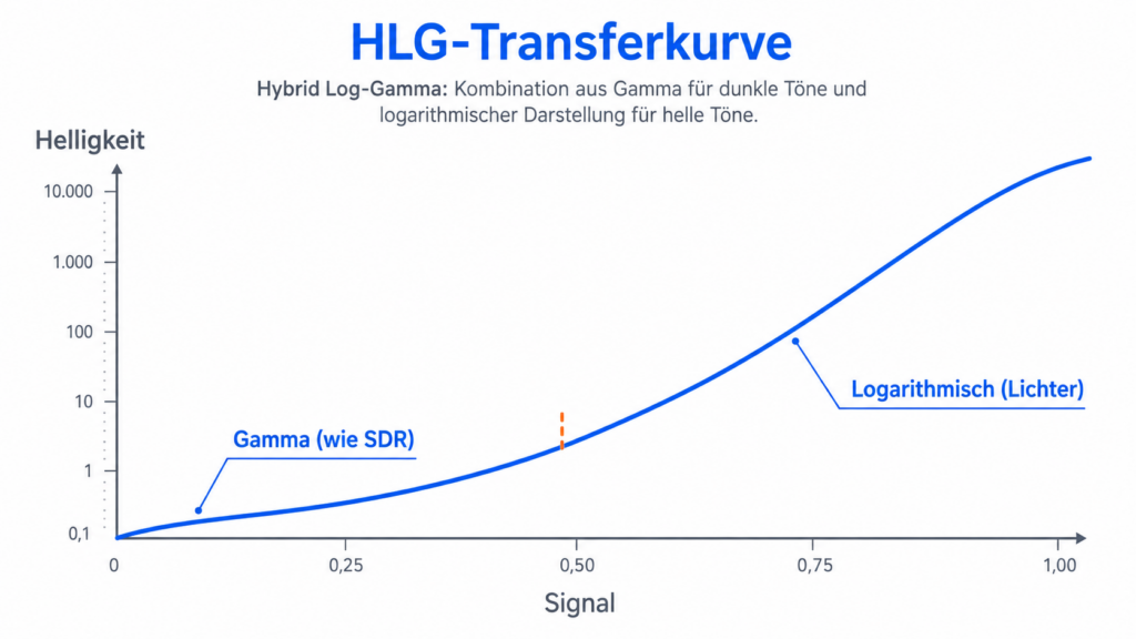 Diagramm der HLG-Kurve: unten Gamma wie bei SDR, oben logarithmisch für helle Bildbereiche
