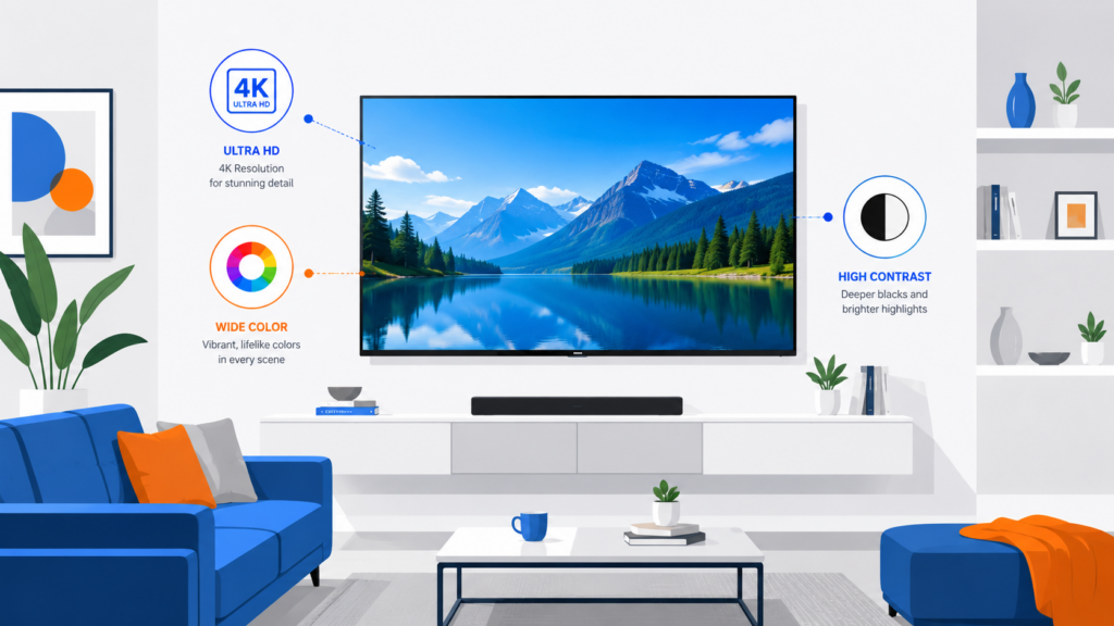 4k-fernseher.com – moderner 4K Fernseher im Wohnzimmer mit Symbolen für Auflösung, Farbe und Kontrast