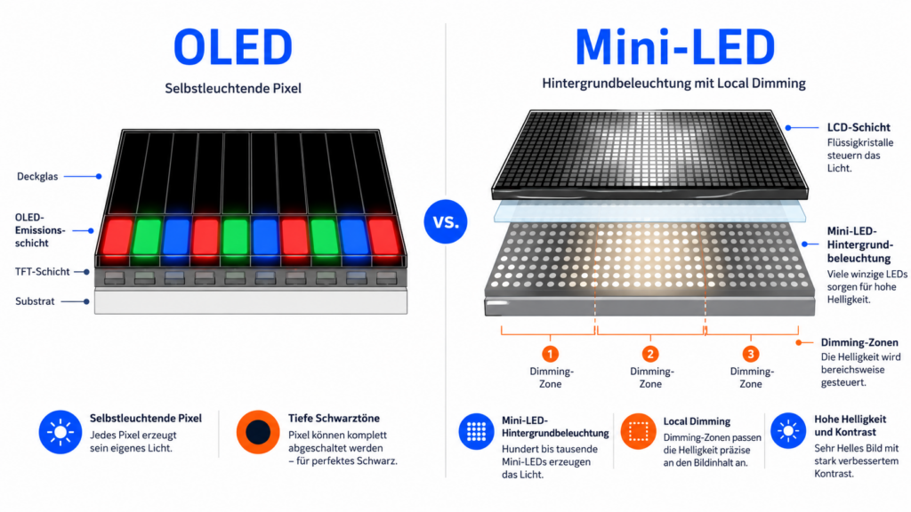Vergleich OLED vs. Mini-LED: selbstleuchtende Pixel gegenüber Mini-LED-Hintergrundbeleuchtung im Querschnitt