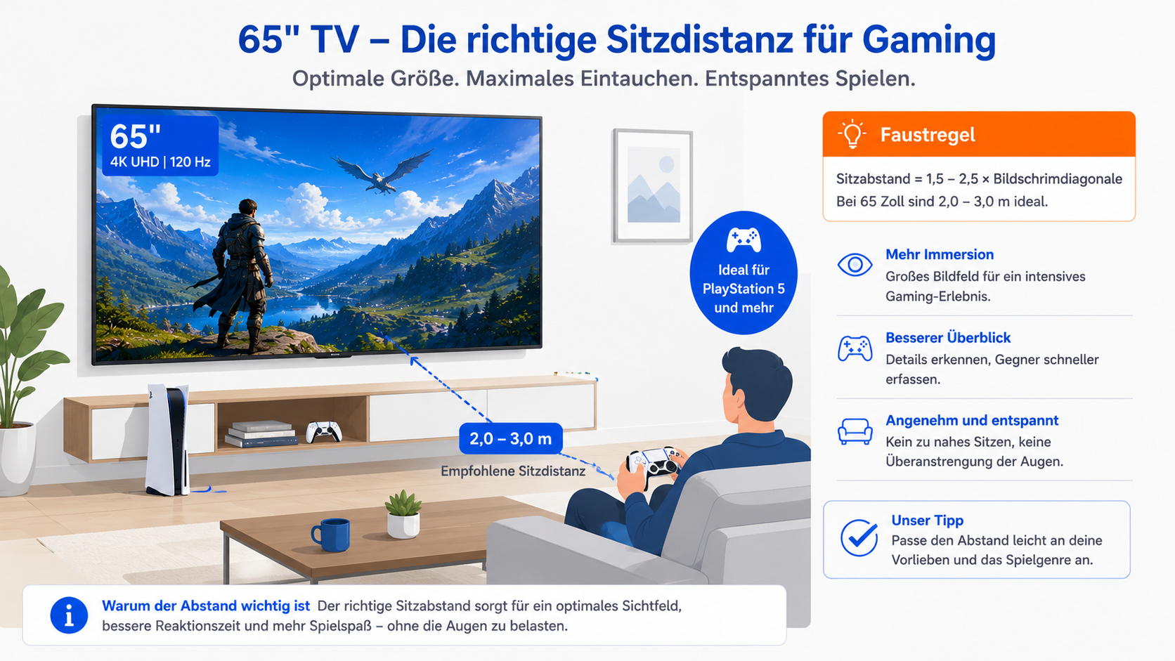 65-Zoll-Fernseher für die PS5 im Wohnzimmer mit passendem Sitzabstand