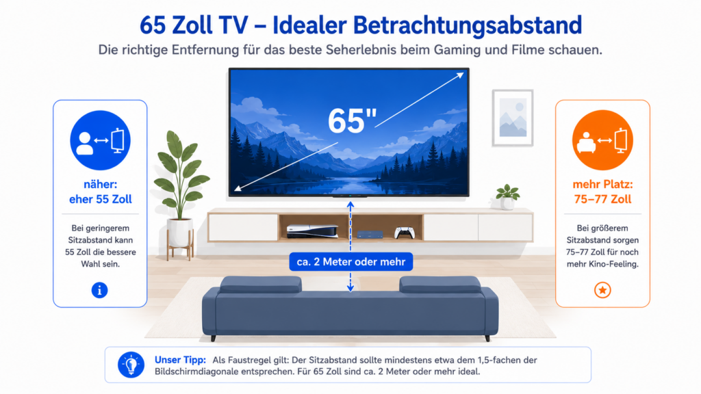 Empfohlener Sitzabstand für einen 65-Zoll-Fernseher: etwa zwei Meter oder mehr