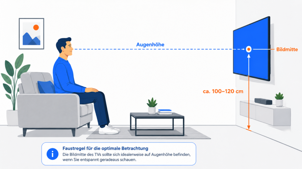 Diagramm zur idealen Montagehöhe eines Fernsehers mit Bildmitte auf Augenhöhe im Sitzen
