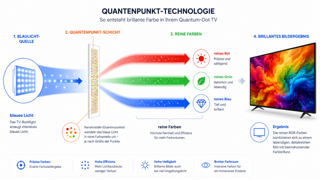 Quantum Dot erklärt – blaues Licht wird in der Quantenpunkt-Schicht in reine rote, grüne und blaue Farben umgewandelt