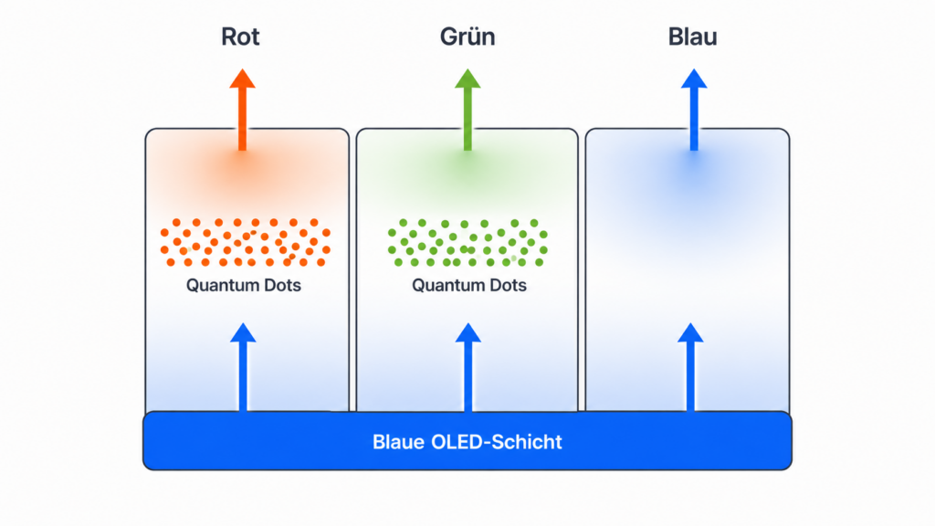 QD-OLED-Pixel: blaue OLED-Schicht, deren Licht Quantum Dots in Rot und Grün umwandeln
