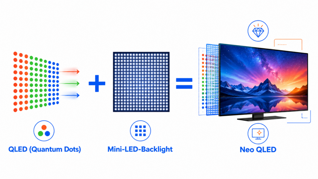 Neo QLED erklärt als Formel: QLED mit Quantum Dots plus Mini-LED-Hintergrundbeleuchtung ergibt Neo QLED