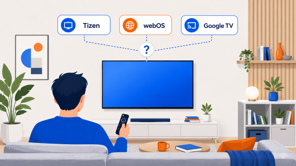 Drei Fernseher mit den Betriebssystemen Tizen, webOS und Google TV und den zugehörigen Marken Samsung, LG, Sony, Philips und TCL
