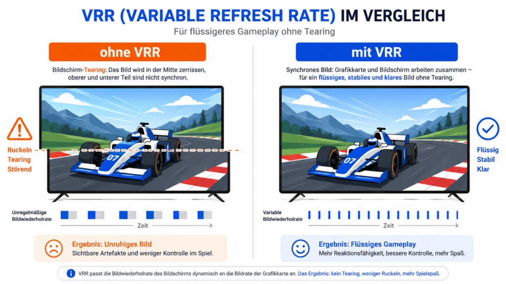 VRR erklärt: zerrissenes Bild durch Screen-Tearing ohne VRR gegenüber flüssigem Bild mit VRR