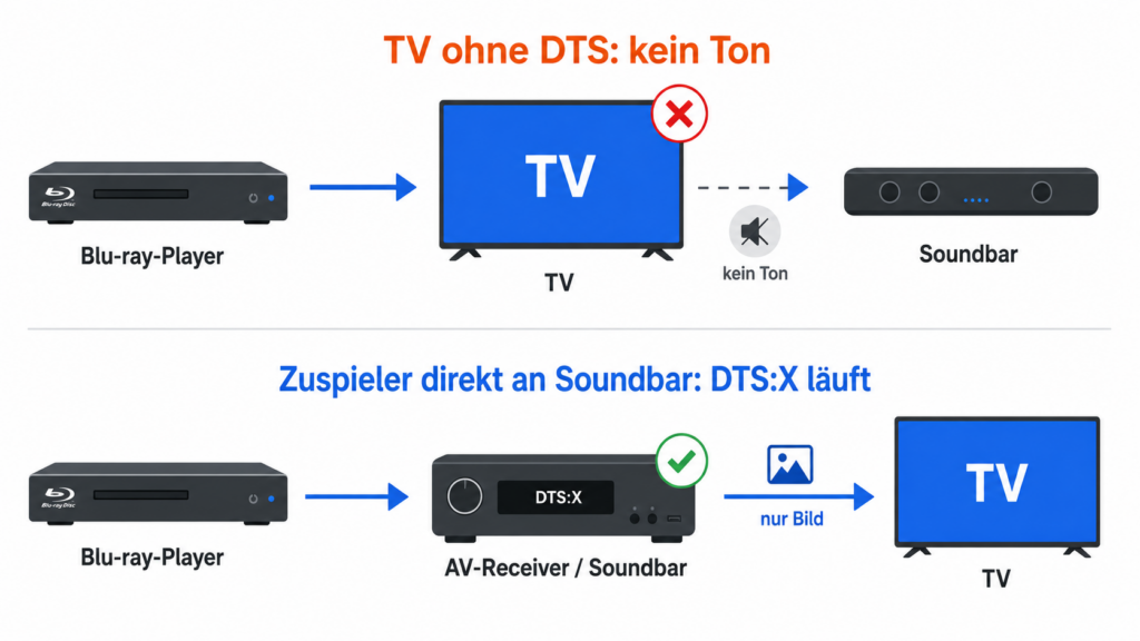 Signalweg-Diagramm: Fernseher ohne DTS gibt keinen Ton aus, Zuspieler direkt an die Soundbar löst das Problem