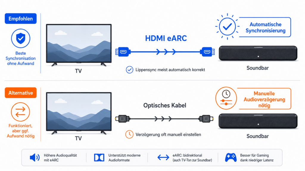 Vergleich HDMI eARC mit automatischer Synchronisierung und optisches Kabel mit manueller Audioverzögerung