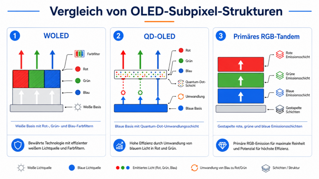 Vergleich der OLED-Varianten WOLED, QD-OLED und Primary RGB Tandem
