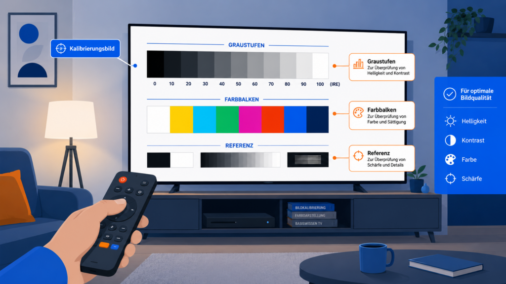 Fernseher kalibrieren ohne Gerät: TV zeigt ein Testbild mit Graustufen, davor eine Hand mit Fernbedienung