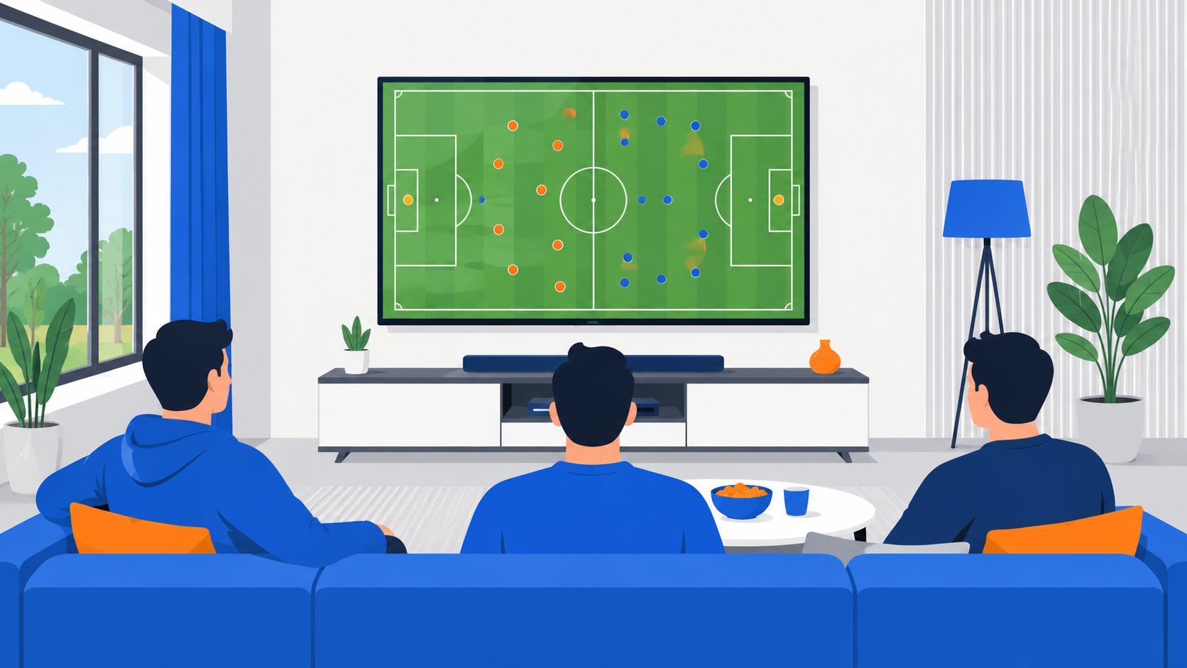 Heller Fernseher für Fußball im Wohnzimmer zeigt ein Fußballspiel, mehrere Personen schauen vom Sofa aus unterschiedlichen Winkeln