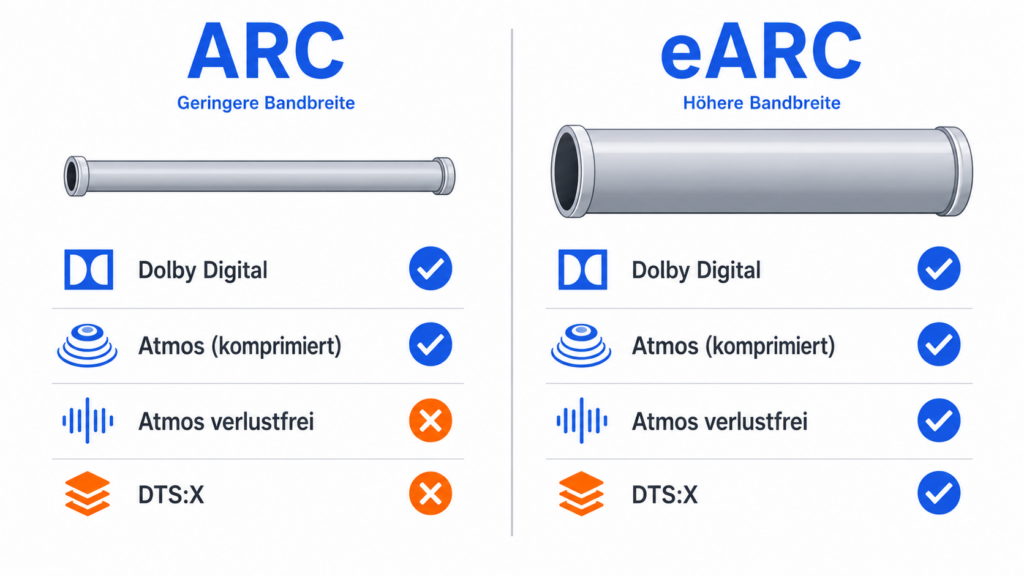 Vergleich von ARC und eARC: Bandbreite und unterstützte Audioformate wie Dolby Atmos und DTS:X