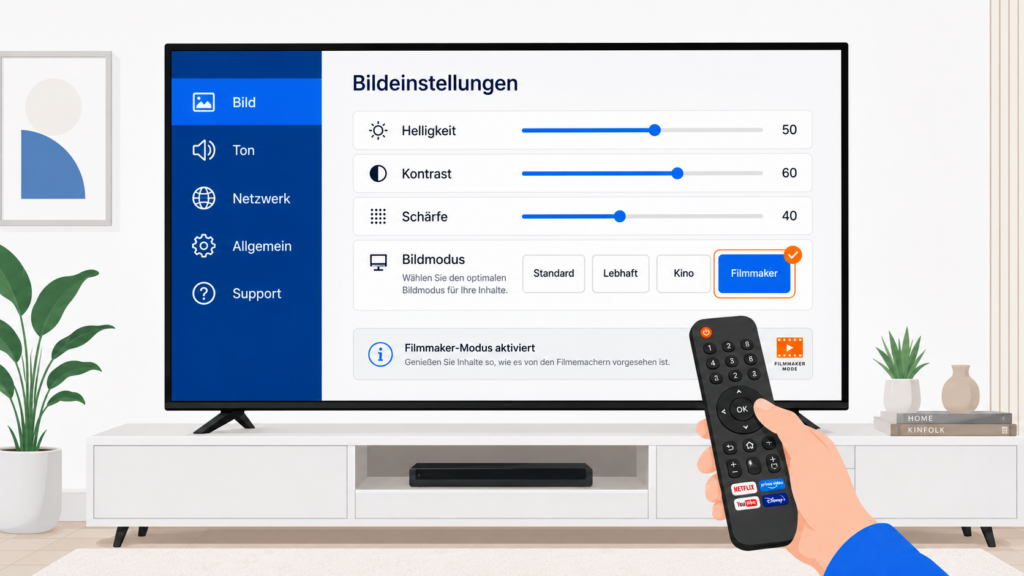 Fernseher zeigt das Bildeinstellungsmenü mit Reglern und ausgewähltem Filmmaker-Modus