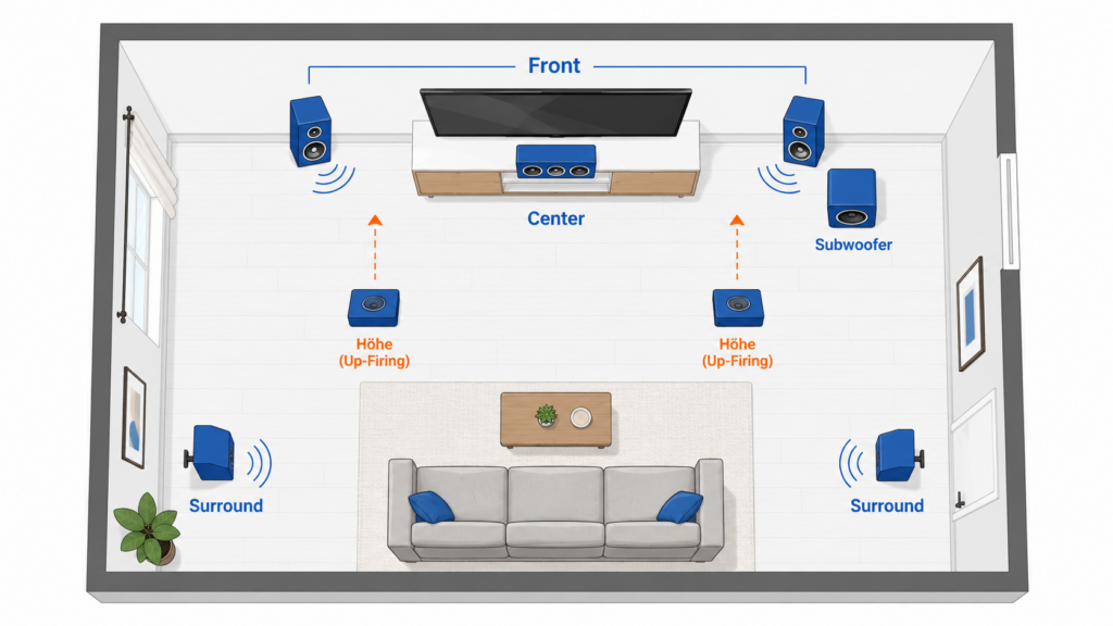 Schematische 5.1.2-Lautsprecheraufstellung mit Front-, Surround-, Subwoofer- und Höhenkanälen für Dolby Atmos