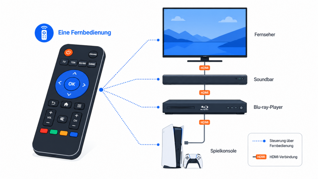 HDMI-CEC erklärt: eine Fernbedienung steuert Fernseher, Soundbar, Blu-ray-Player und Konsole