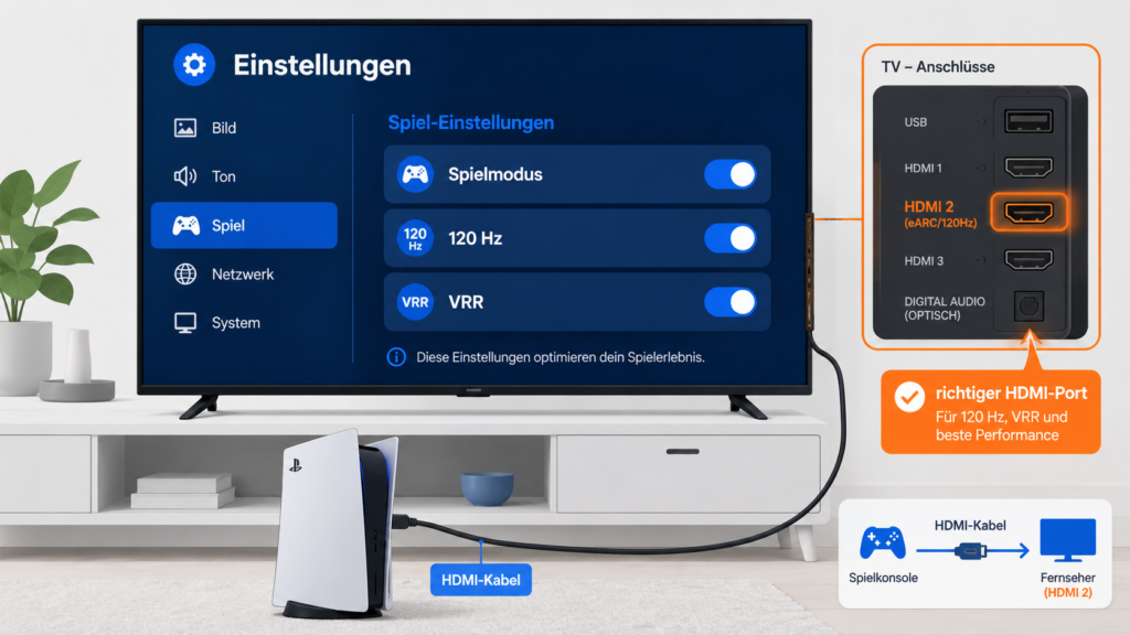 Fernseher für Gaming einstellen – Konsole am richtigen HDMI-Anschluss mit aktiviertem Spielmodus, 120 Hz und VRR