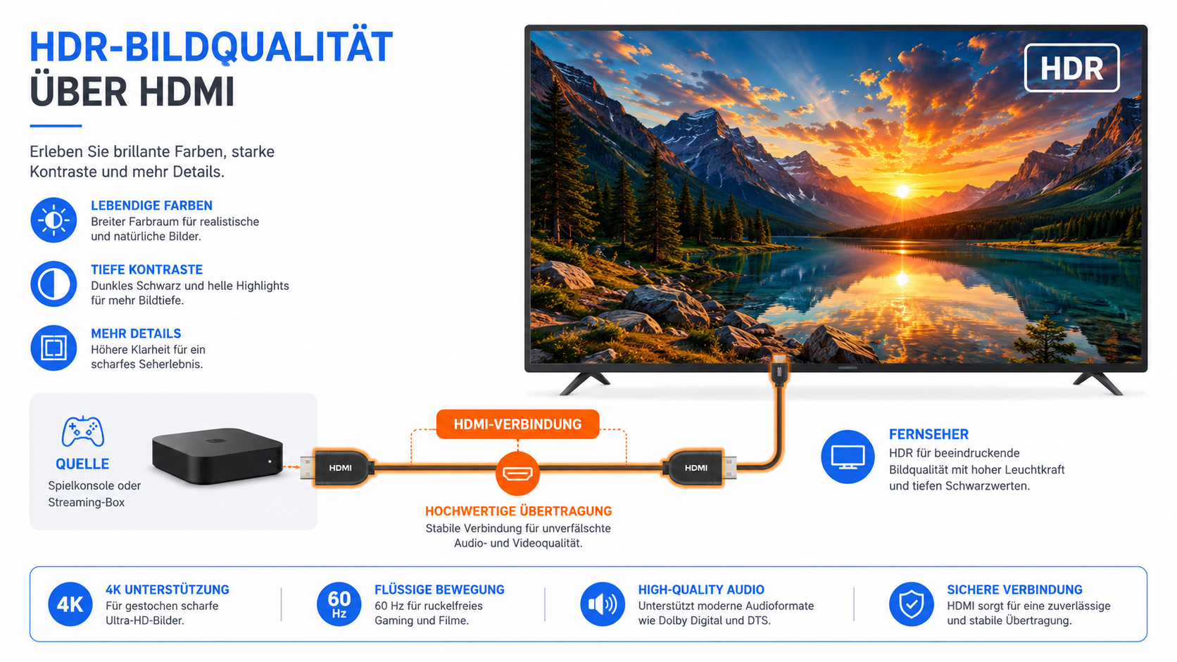 Fernseher mit aktivem HDR-Signal und HDR-Hinweis auf dem Bildschirm