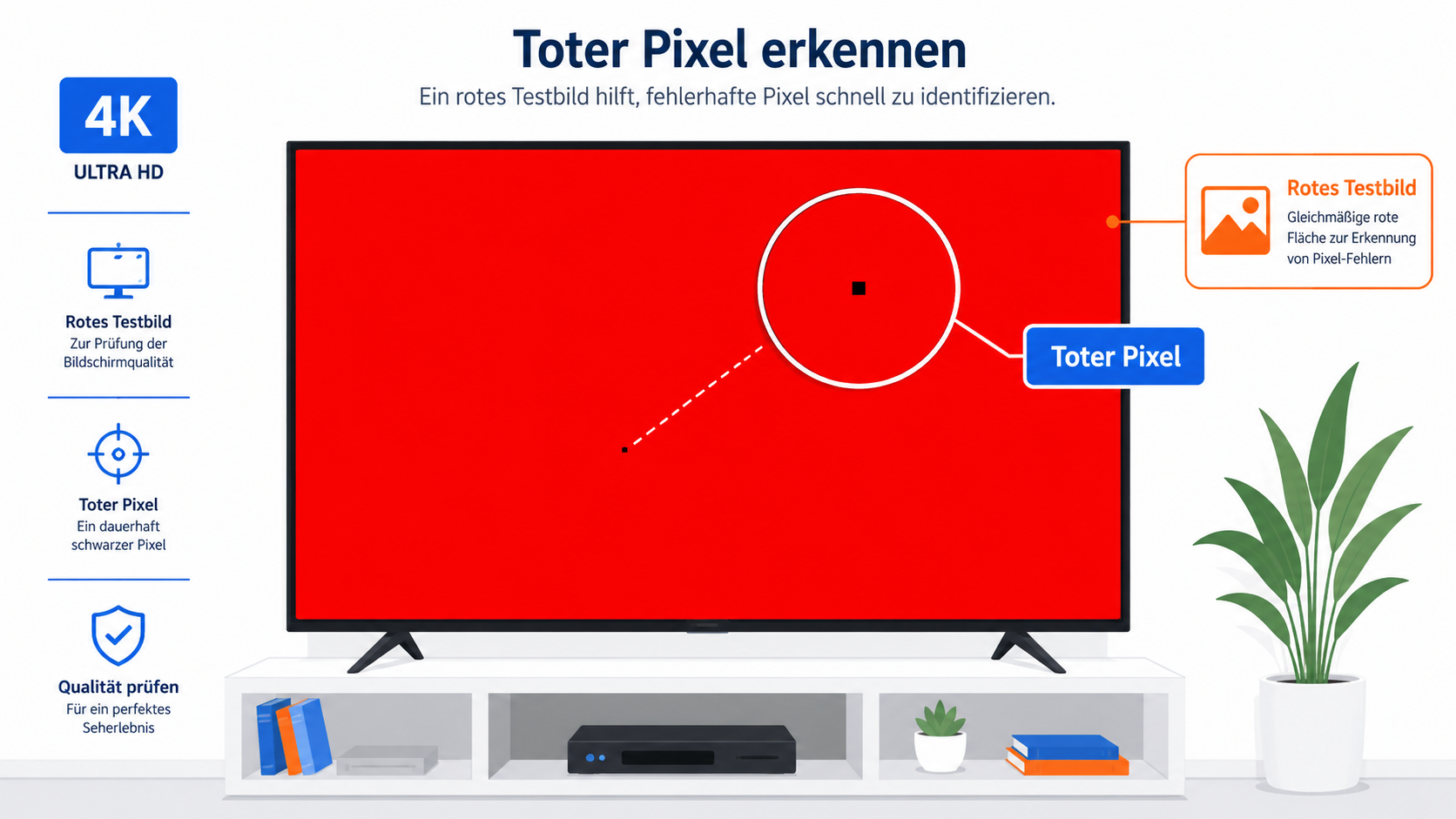 Fernseher Pixelfehler test - Fernseher zeigt rotes Vollbild beim Pixelfehler-Test, ein toter Pixel mit Lupe vergrößert