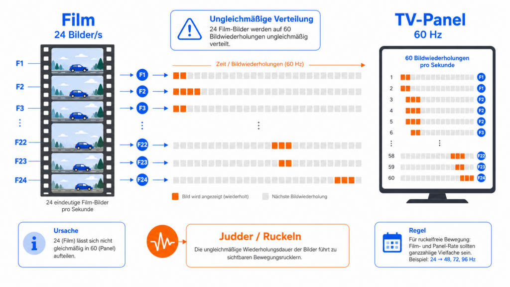 Vergleich 24p-Film und 60-Hz-Fernseher als Ursache für Judder beim Ruckeln