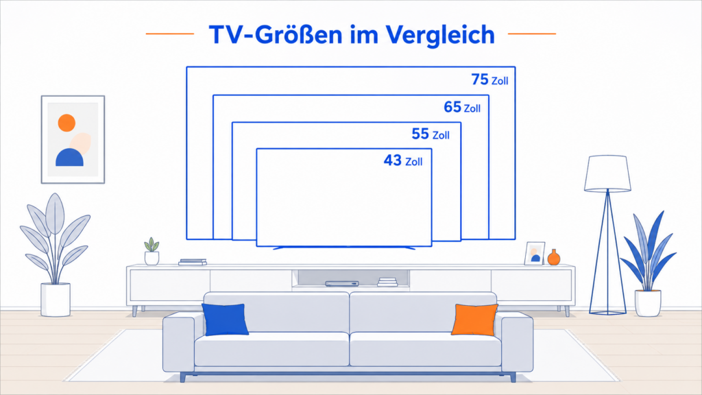 Größenvergleich von 43-, 55-, 65- und 75-Zoll-Fernsehern an einer Wohnzimmerwand