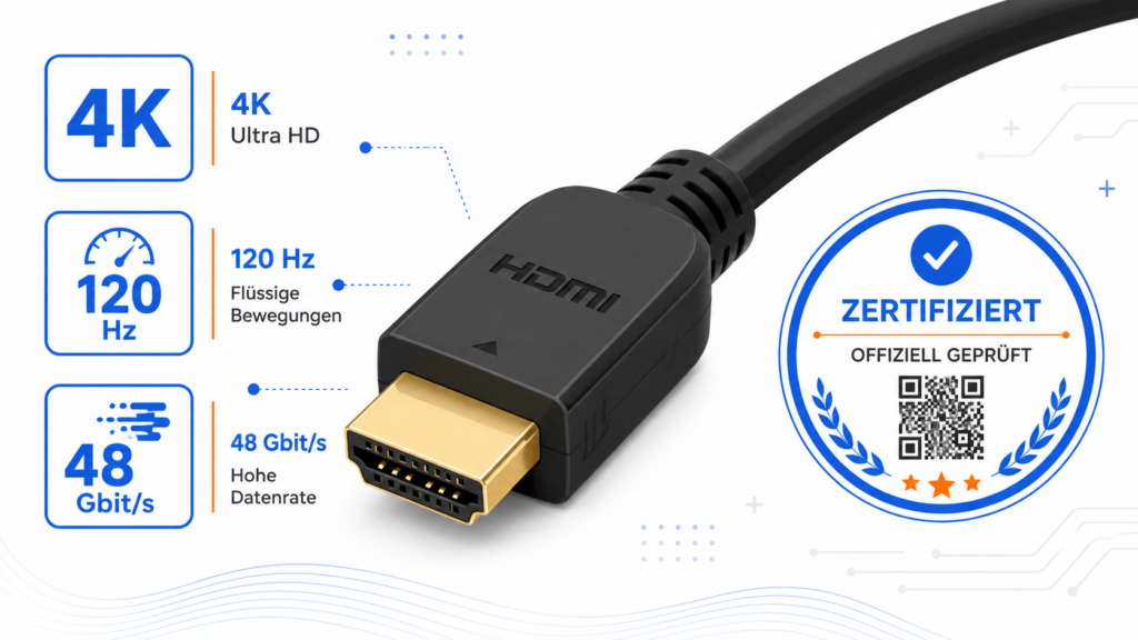 HDMI-2.1-Kabel mit Ultra-High-Speed-Zertifizierungssiegel und Symbolen für 4K, 120 Hz und 48 Gbit/s
