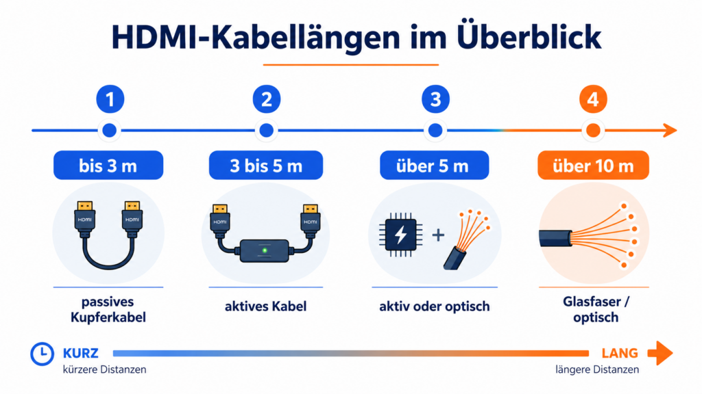 Übersicht der HDMI-Kabellängen von passivem Kupfer bis optischem Glasfaserkabel mit Empfehlung je Strecke