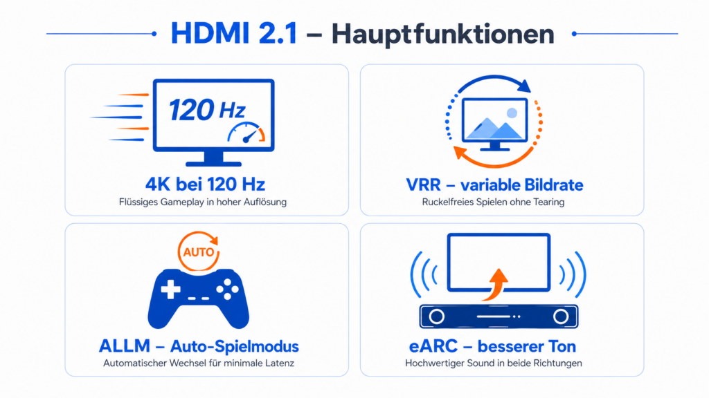 Übersicht der HDMI-2.1-Funktionen: 4K bei 120 Hz, VRR, ALLM und eARC