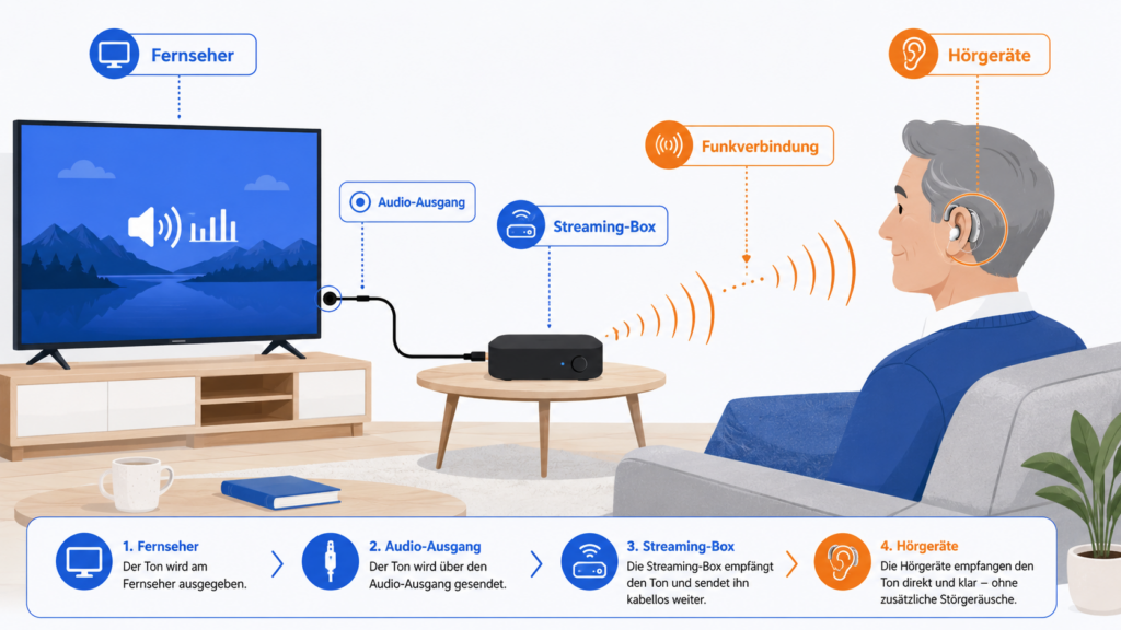  Hörgeräte mit dem Fernseher verbinden - TV-Streamer am Fernseher überträgt den Ton drahtlos an Hörgeräte