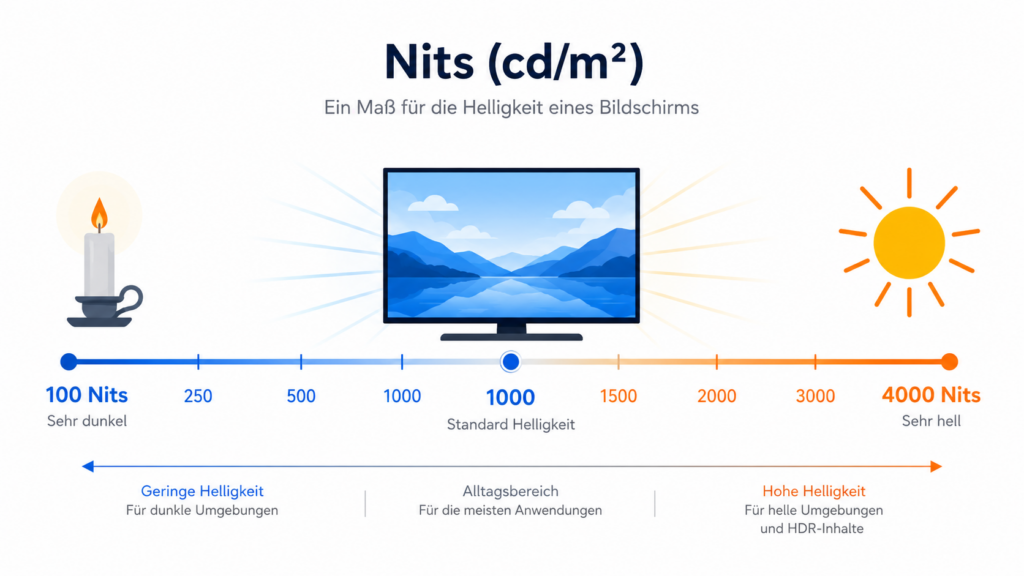 Was sind nits? Helligkeitsskala in Nits von 100 bis 4000 cd/m² mit Fernseher