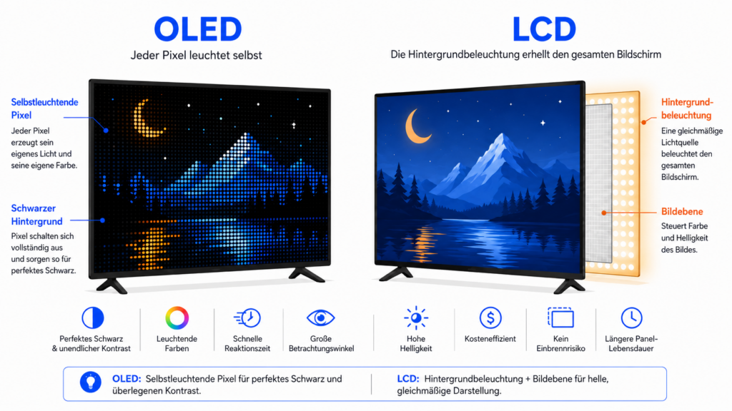  OLED erklärt: selbstleuchtende Pixel im Vergleich zur LCD-Hintergrundbeleuchtung