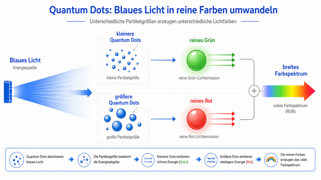 Funktionsweise der Quantum Dots: blaues Licht wird in reines Rot und Grün umgewandelt