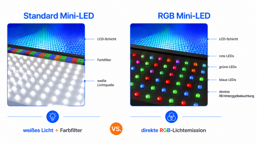 RGB Mini-LED erklärt: farbige rote, grüne und blaue LEDs direkt im Backlight