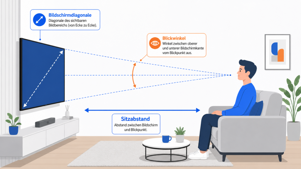 Illustration zum Sitzabstand zwischen Sofa und Fernseher mit eingezeichnetem Blickwinkel