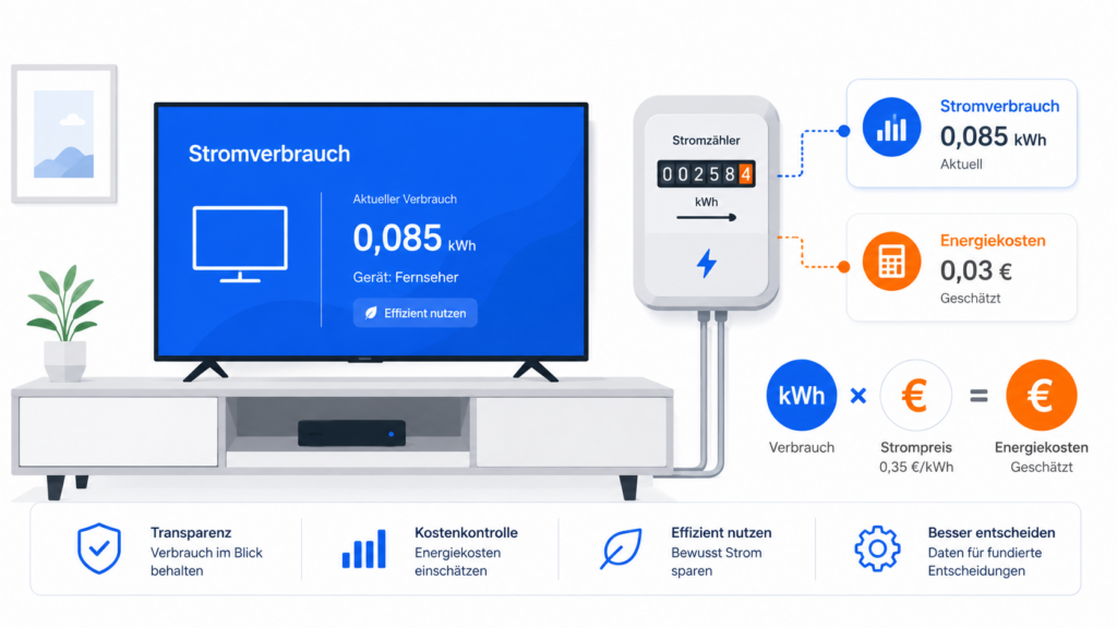 Fernseher mit symbolischer Anzeige von Stromverbrauch und Stromkosten