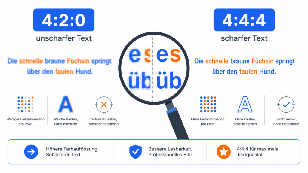 Vergleich von unscharfer Schrift mit Chroma 4:2:0 und scharfer Schrift mit 4:4:4