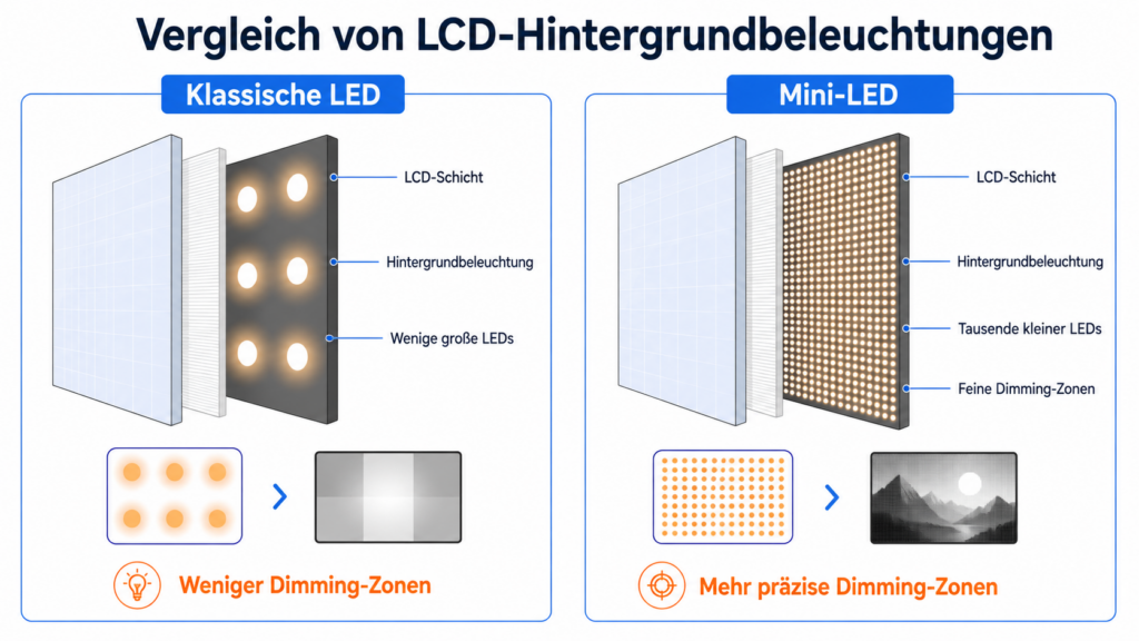 Mini-LED erklärt: feines Mini-LED-Backlight im Vergleich zur klassischen LED-Hintergrundbeleuchtung