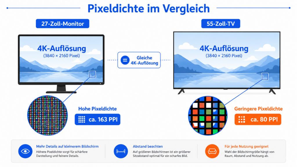 Vergleich der Pixeldichte zwischen 27-Zoll-Monitor und 55-Zoll-Fernseher bei 4K