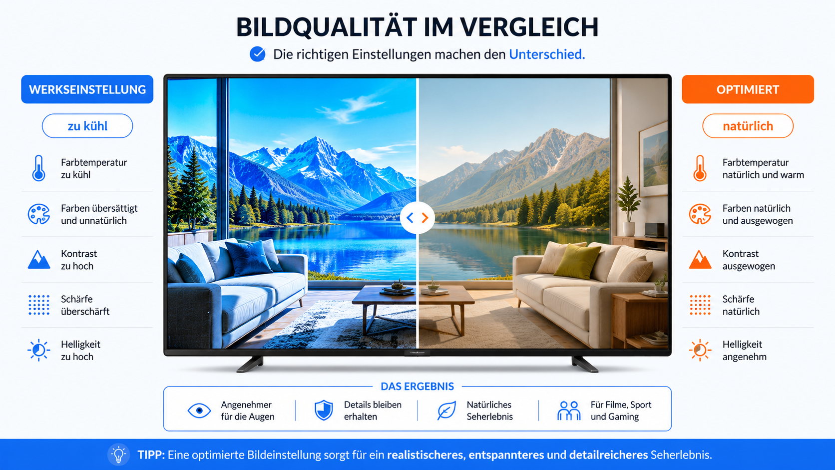 Vergleich zwischen übersättigter Werkseinstellung und natürlich optimiertem Fernsehbild