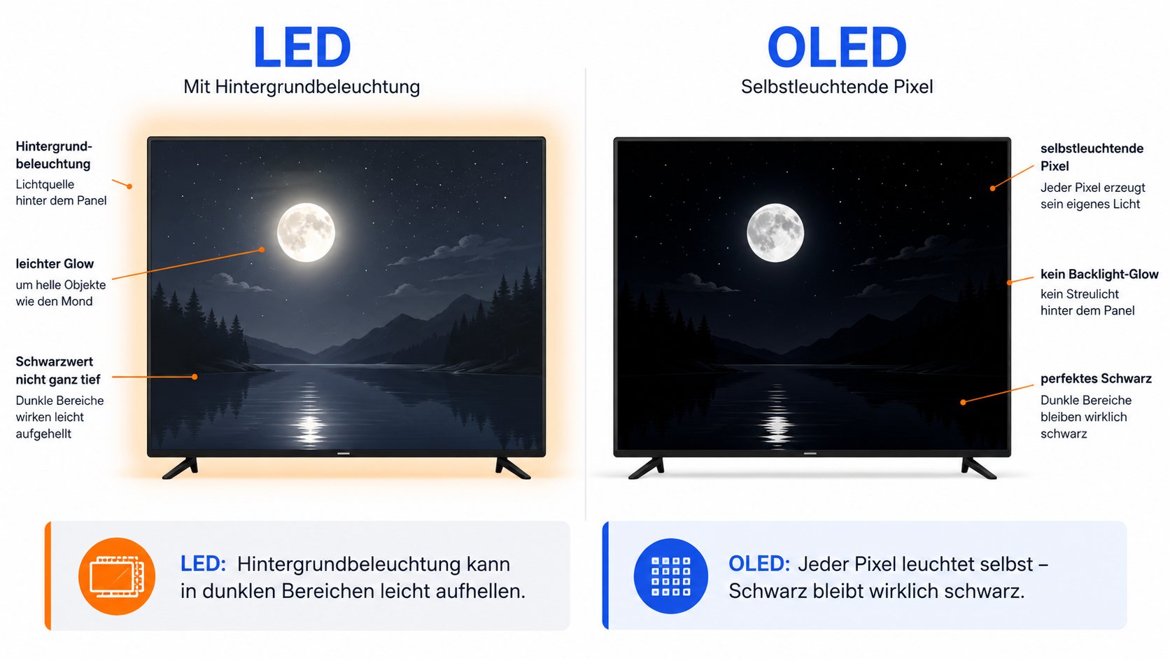 led vs oled - Vergleich LED-Fernseher mit Hintergrundbeleuchtung und OLED mit selbstleuchtenden Pixeln
