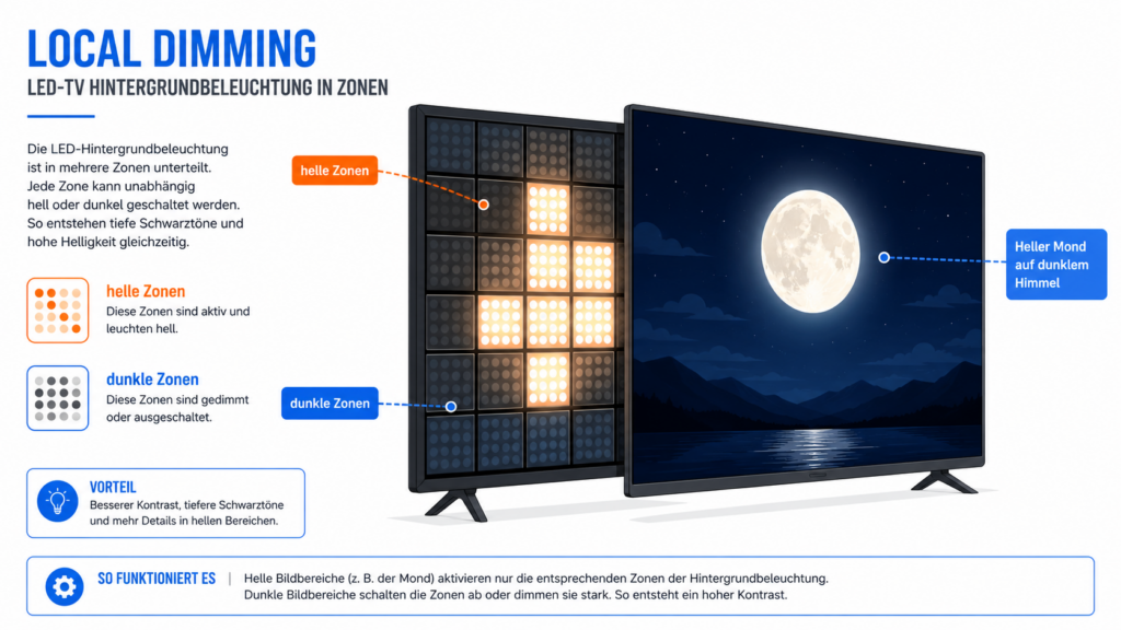 local dimming: LED-Backlight mit einzeln gedimmten Zonen zeigt hellen Mond vor dunklem Nachthimmel