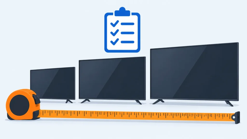 Illustration: drei Fernseher in verschiedenen Größen mit Checkliste und Maßband